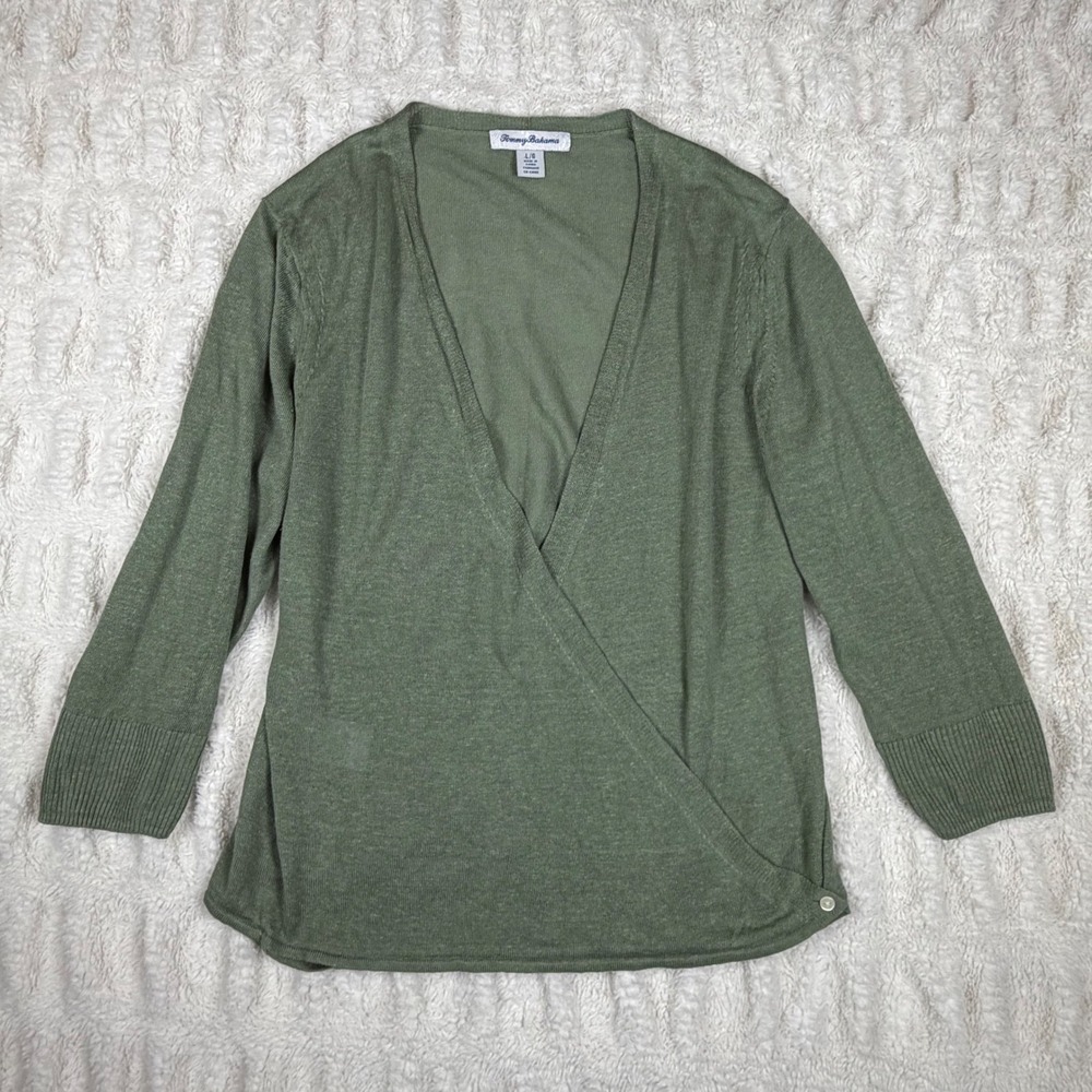 Tommy Bahama Womens Sage Green Linen Blend Wrap V-Neck Sweater Size Large
